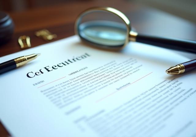 Professional legal document review session with magnifying glass and redlining markings